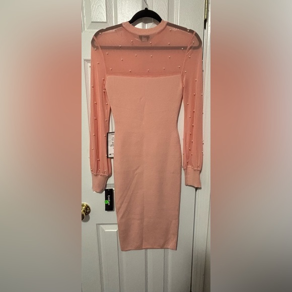 NWT BEBE SZ XS BLUSH with/Pearls Mesh Midi Sweater Dress #107862 - Picture 4 of 7